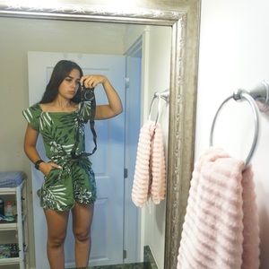 Tropical green off shoulder romper